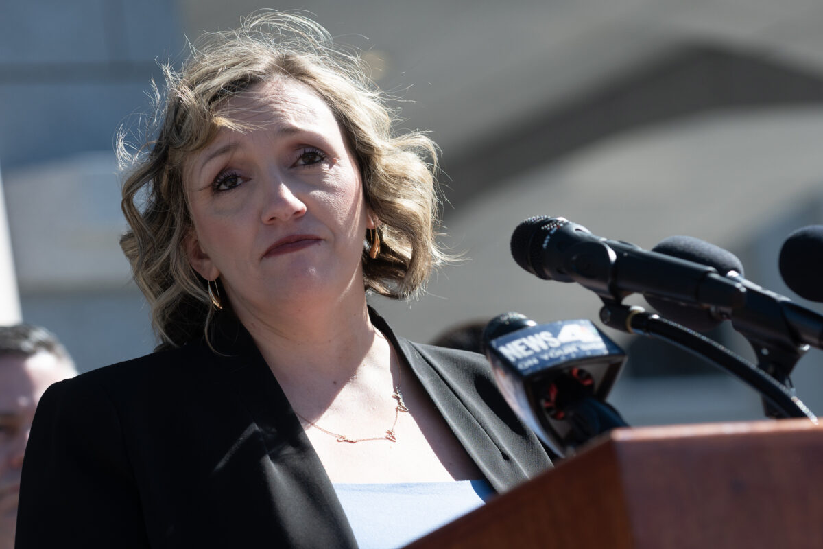 Senate Majority Leader Nicole Cannizzaro (D-Las Vegas) during a press conference.