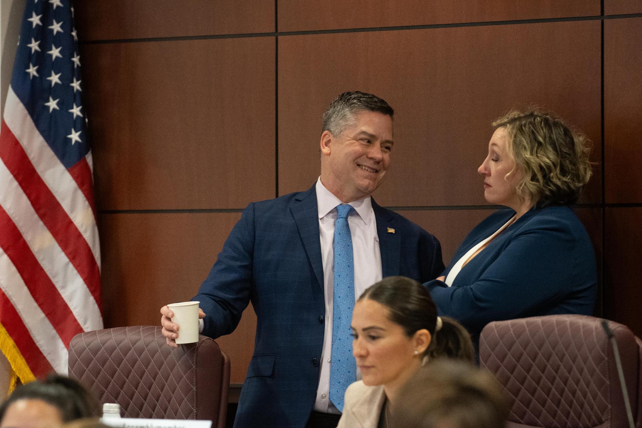 Assembly Speaker Steve Yeager (D-Las Vegas) speaks to Senate Majority Leader Nicole Cannizzaro (D-Las Vegas) before the start of a joint meeting of the Senate Committee on Finance and Assembly Committee on Ways and Means at the Legislature in Carson City.