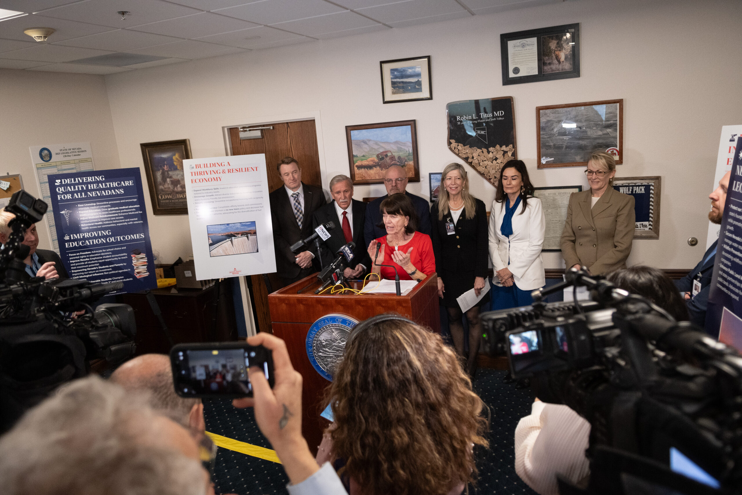 Senate Minority Leader Robin Titus (R-Wellington) with her Senate GOP colleagues during a press conference in her office on the first day of the 83rd legislative session in Carson City.