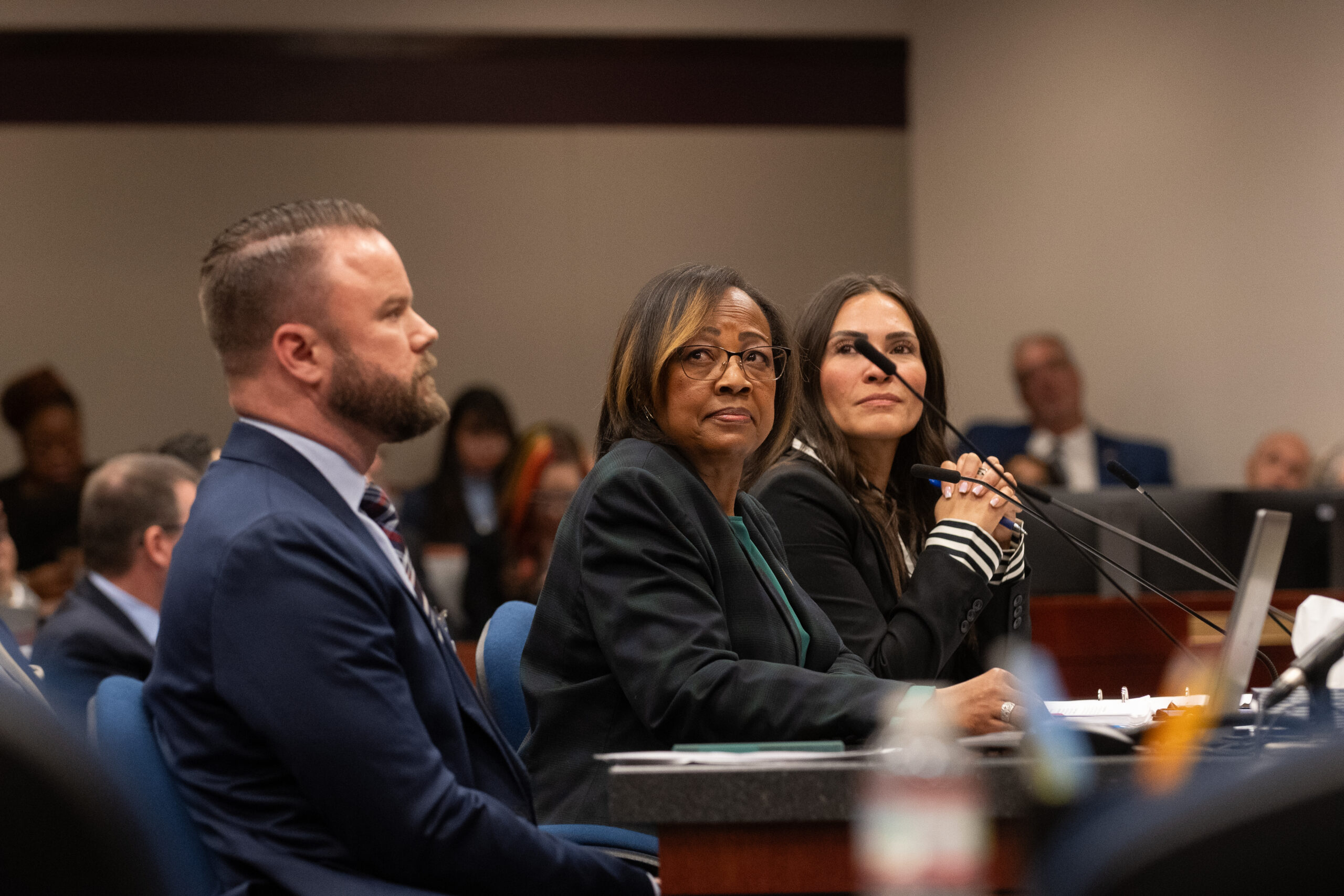 From left, lobbyist Matt Walker, Assm. Daniele Monroe-Moreno (D-North Las Vegas) and Assembly Majority Leader Sandra Jauregui (D-Las Vegas) during a hearing of the Assembly Committee on Revenue inside the Legislature in Carson City.