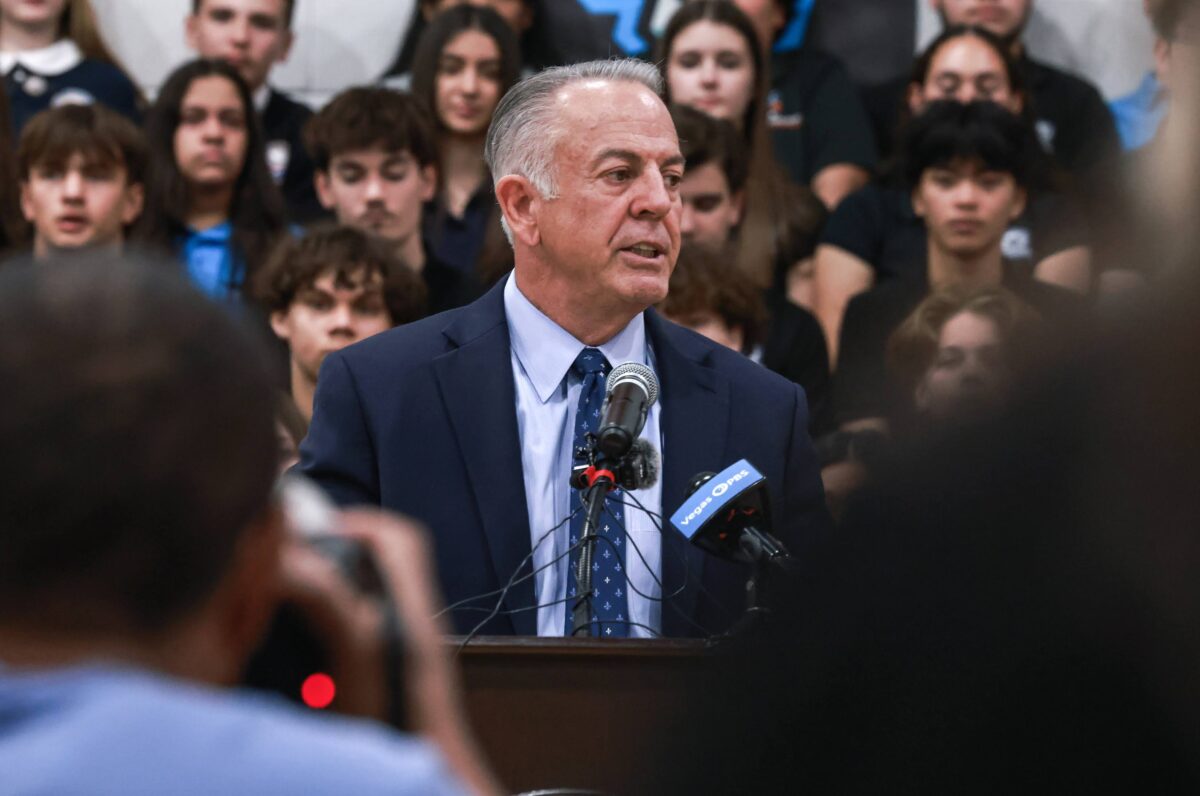 Gov. Joe Lombardo speaks in front of a crowd.