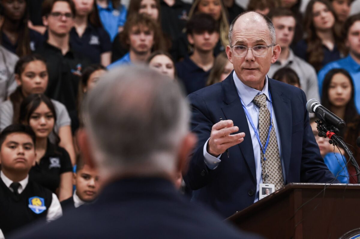 Steve Canavero, interim state superintendent of public instruction, looks at Gov. Joe Lombardo while discussing Nevada Accountability in Education Act at Pinecrest Academy of Nevada - Sloan Canyon in Henderson.