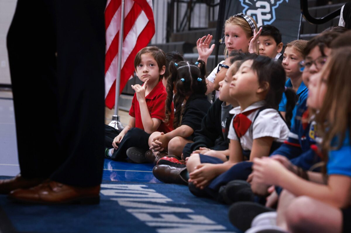Students at Pinecrest Academy of Nevada - Sloan Canyon in Henderson listen to Gov. Joe Lombardo.
