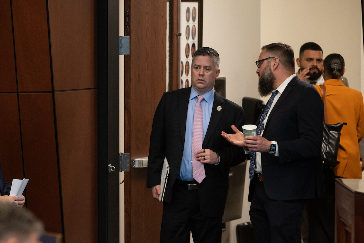 Assembly Speaker Steve Yeager (D-Las Vegas), left, and Minority Leader Greg Hafen (R-Pahrump) on May 16, 2025, inside the Legislature in Carson City.