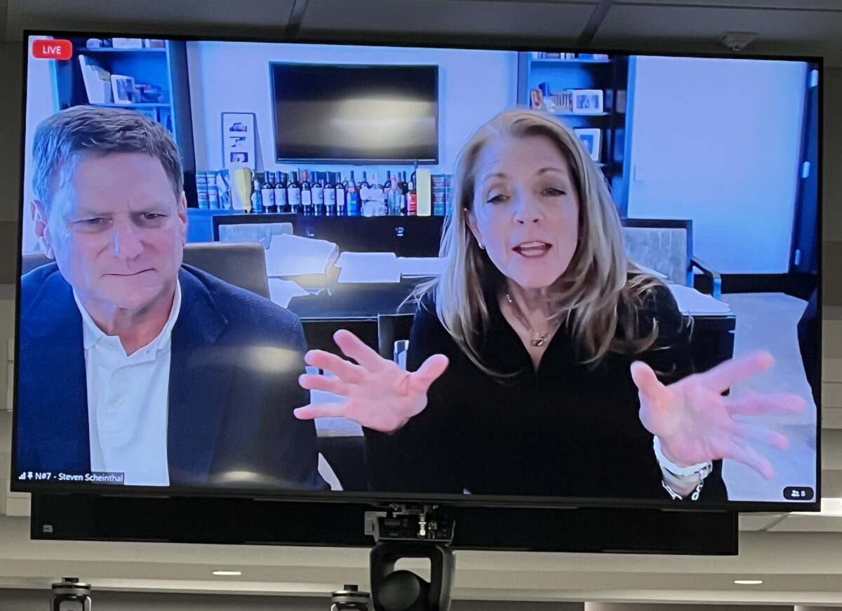 Fertitta Entertainment General Counsel Steve Scheinthal and President Paige Farwell Fertitta appear on a live stream from the company's headquarters in Houston.