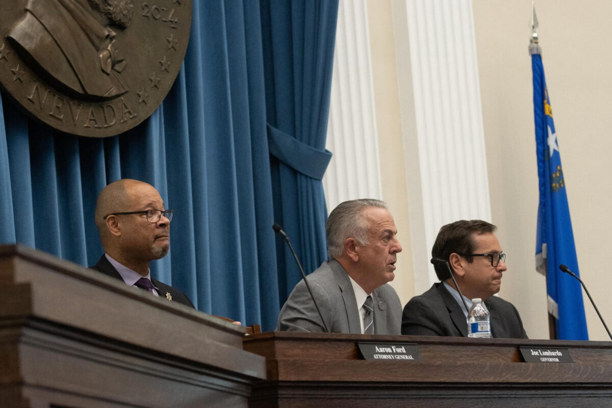 From left, Attorney General Aaron Ford, Gov. Joe Lombardo and Secretary of State Cisco Aguilar during a Board of Examiner’s meeting inside the Nevada State Capitol building.