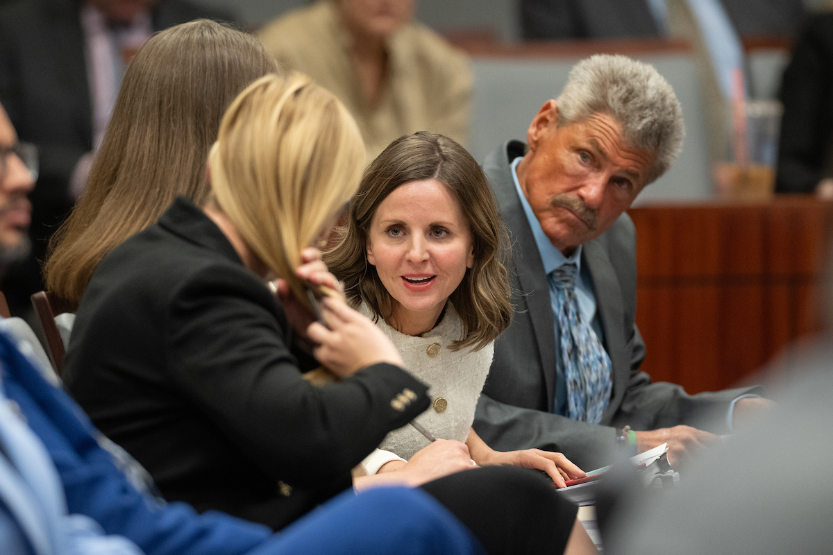 Nevada Medicaid Administrator Stacie Weeks, center, and Department of Health and Human Services Director Richard Whitley, right, on May 28, 2025, inside the Legislature in Carson City.