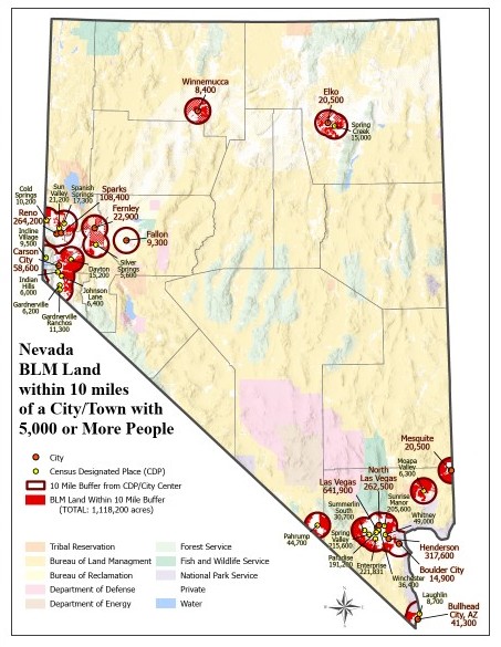 A map of BLM land within 10 miles of cities or towns with populations of 5,000 or more people.
