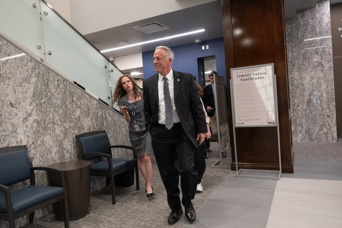 Gov. Joe Lombardo walks away from reporters after meeting with Senate Majority Leader Nicole Cannizzaro (D-Las Vegas) inside the Legislature on the final day of the 83rd session in Carson City.