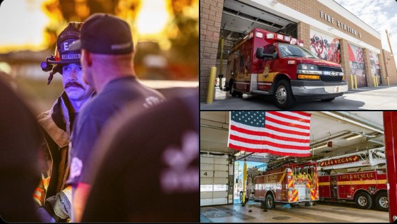 Three pictures of two firefighters and three firetrucks.