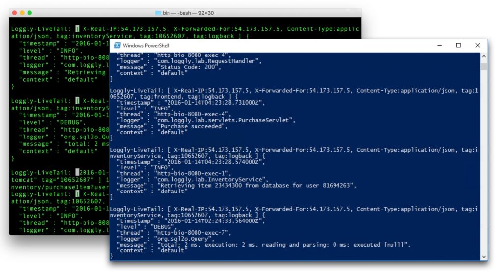 Loggly LiveTail Running in Windows PowerShell and an OSX Terminal