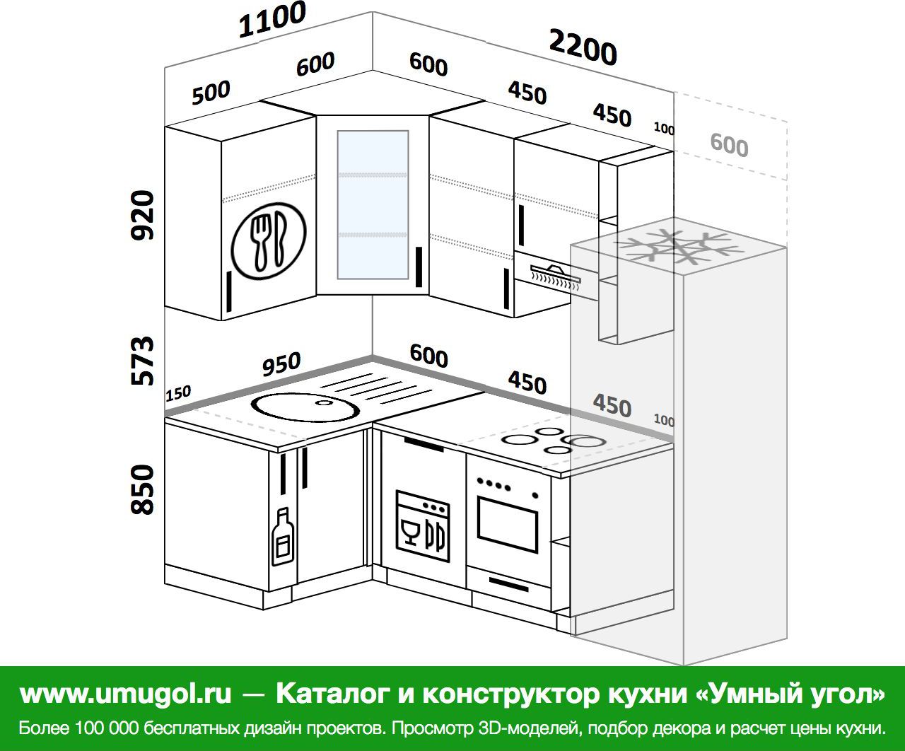 Проект угловой кухни с посудомоечной машиной