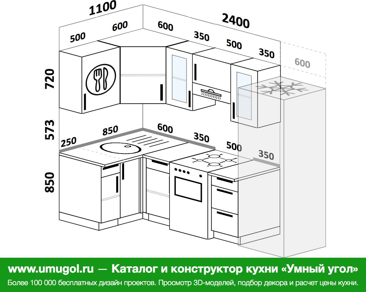 Планировка угловой кухни