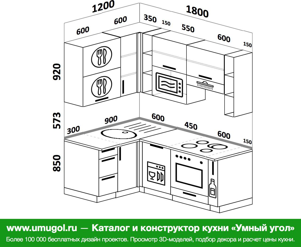 размер угловой кухни 180 на 180