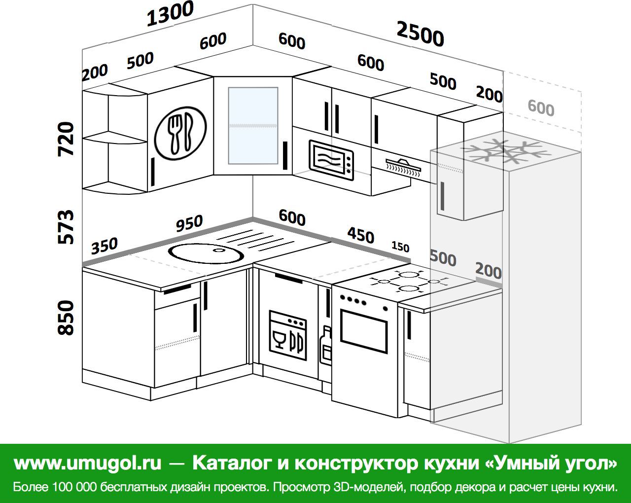 Кухня 2500 мм на 1300 мм