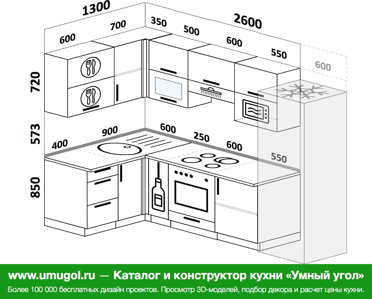 Планировка угловой кухни