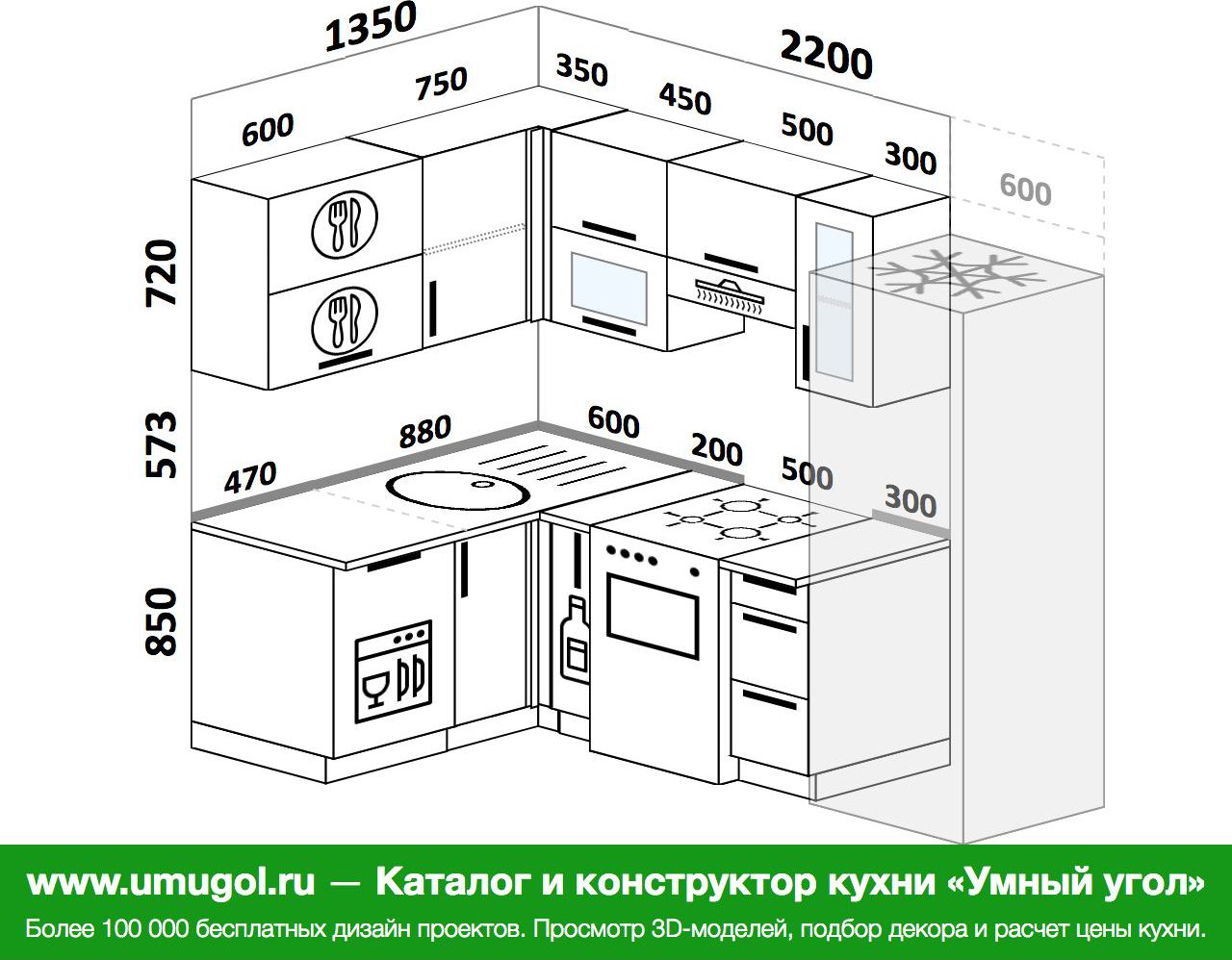 Проект кухни угловой с варочной панелью и духовкой в углу с размерами