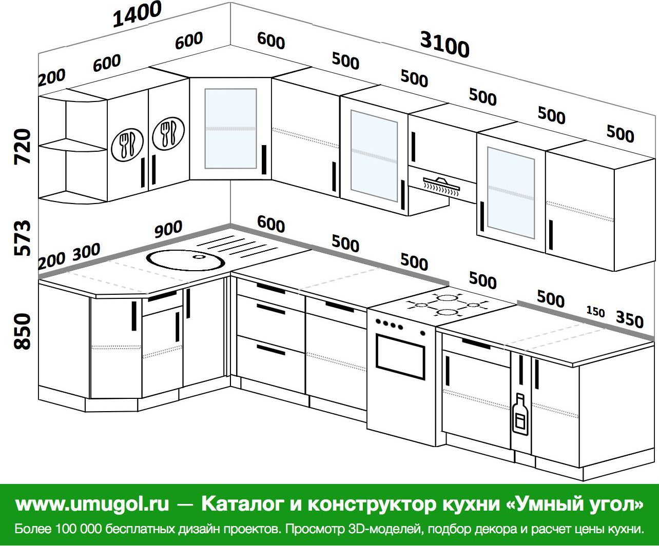 проект угловой кухни с размерами шкафов левый угол