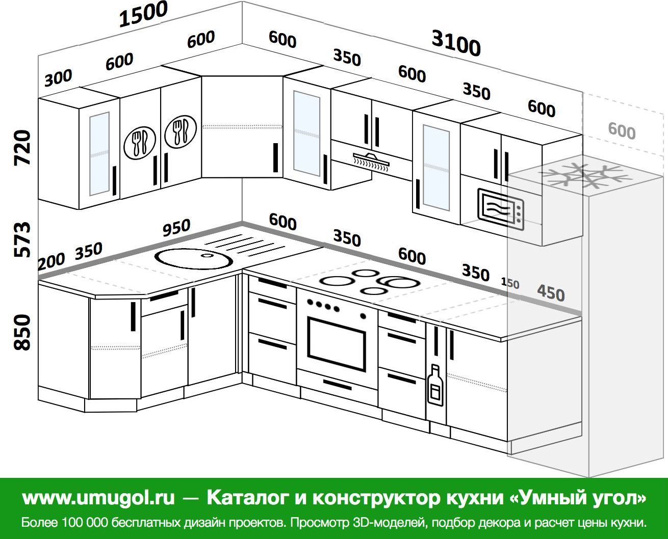 Проекты кухонь угловых с размерами фото готовые