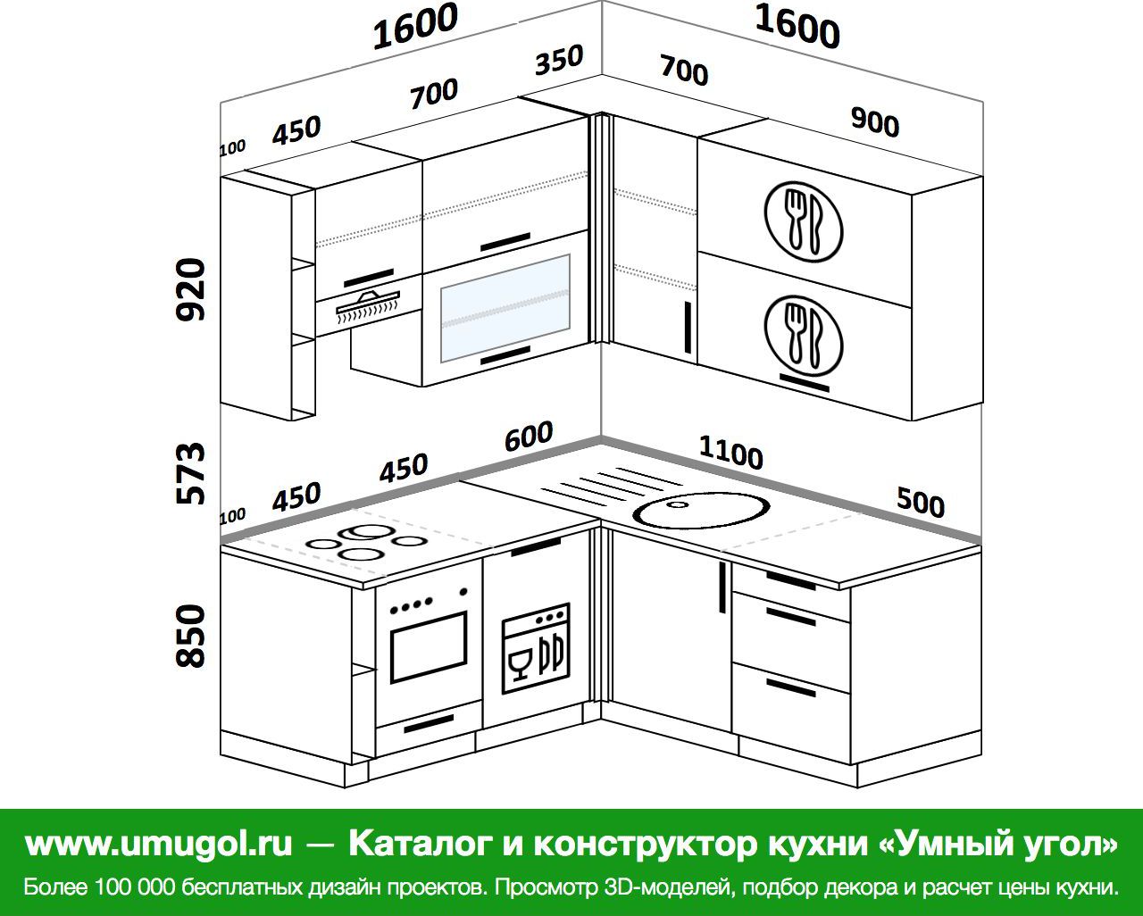 Схема кухни угловой с размерами и размещением