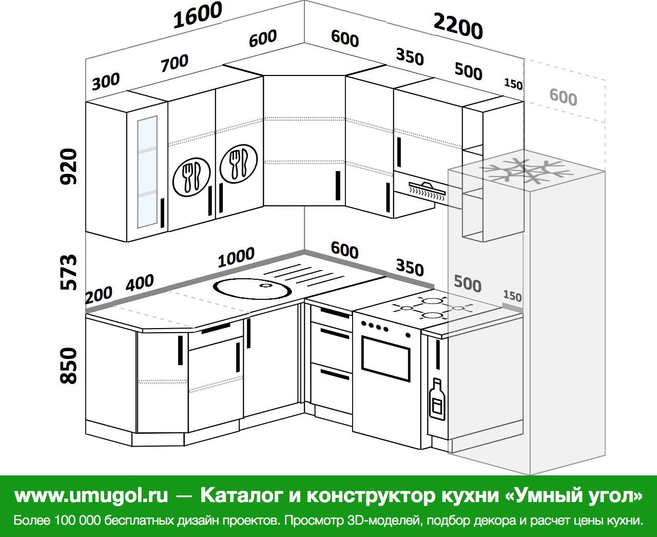 угловая кухня 2 на 2 метра с холодильником