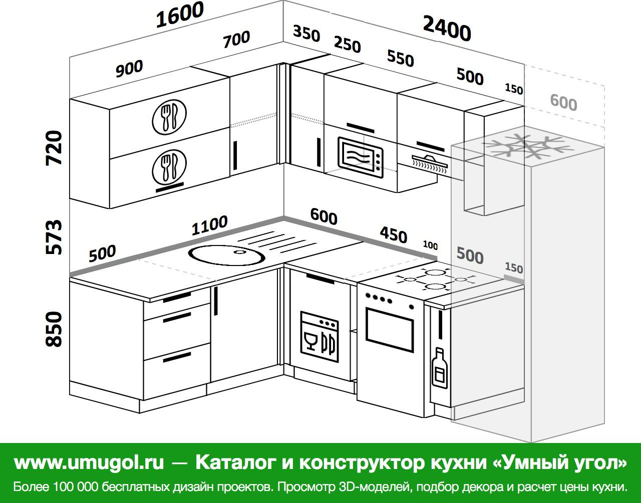 проект угловой кухни 2 на 2