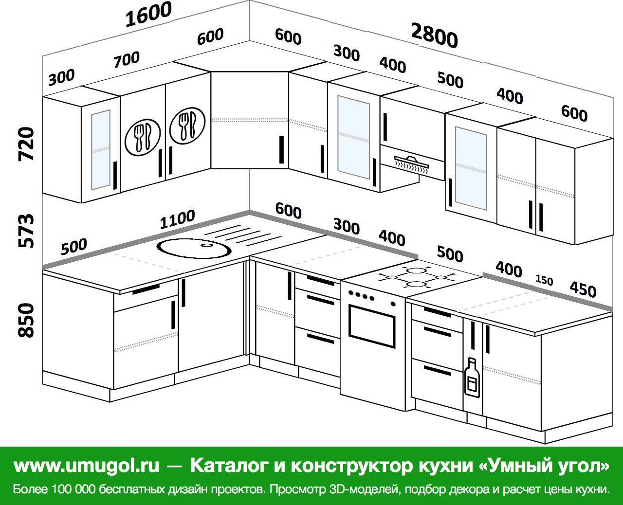 Проекты кухонь угловых с размерами фото готовые