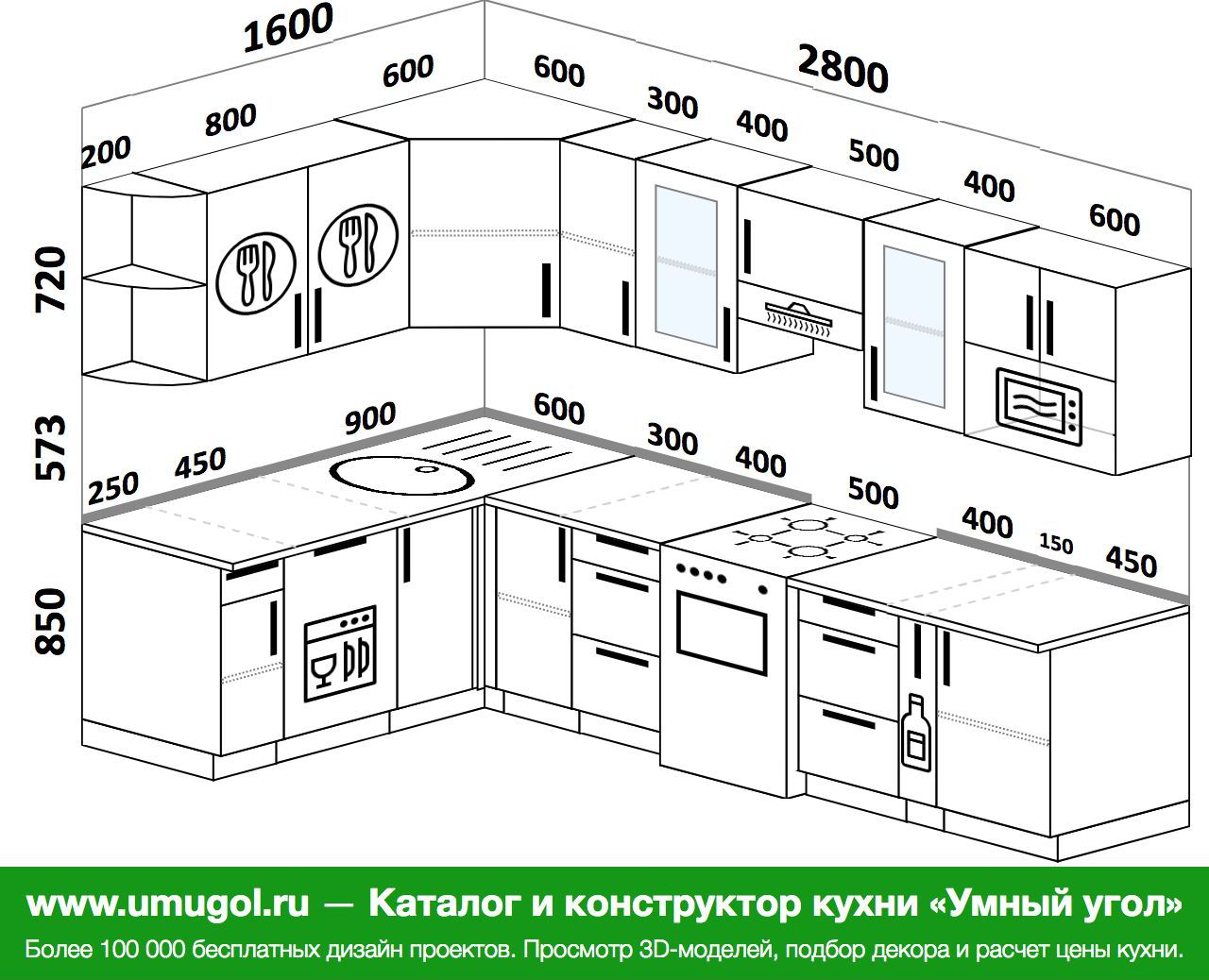 проект угловой кухни с размерами шкафов левый угол