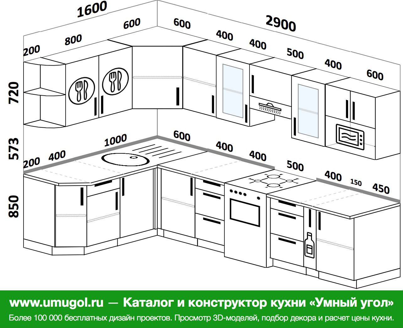 Проекты угловых кухонь с размерами фото