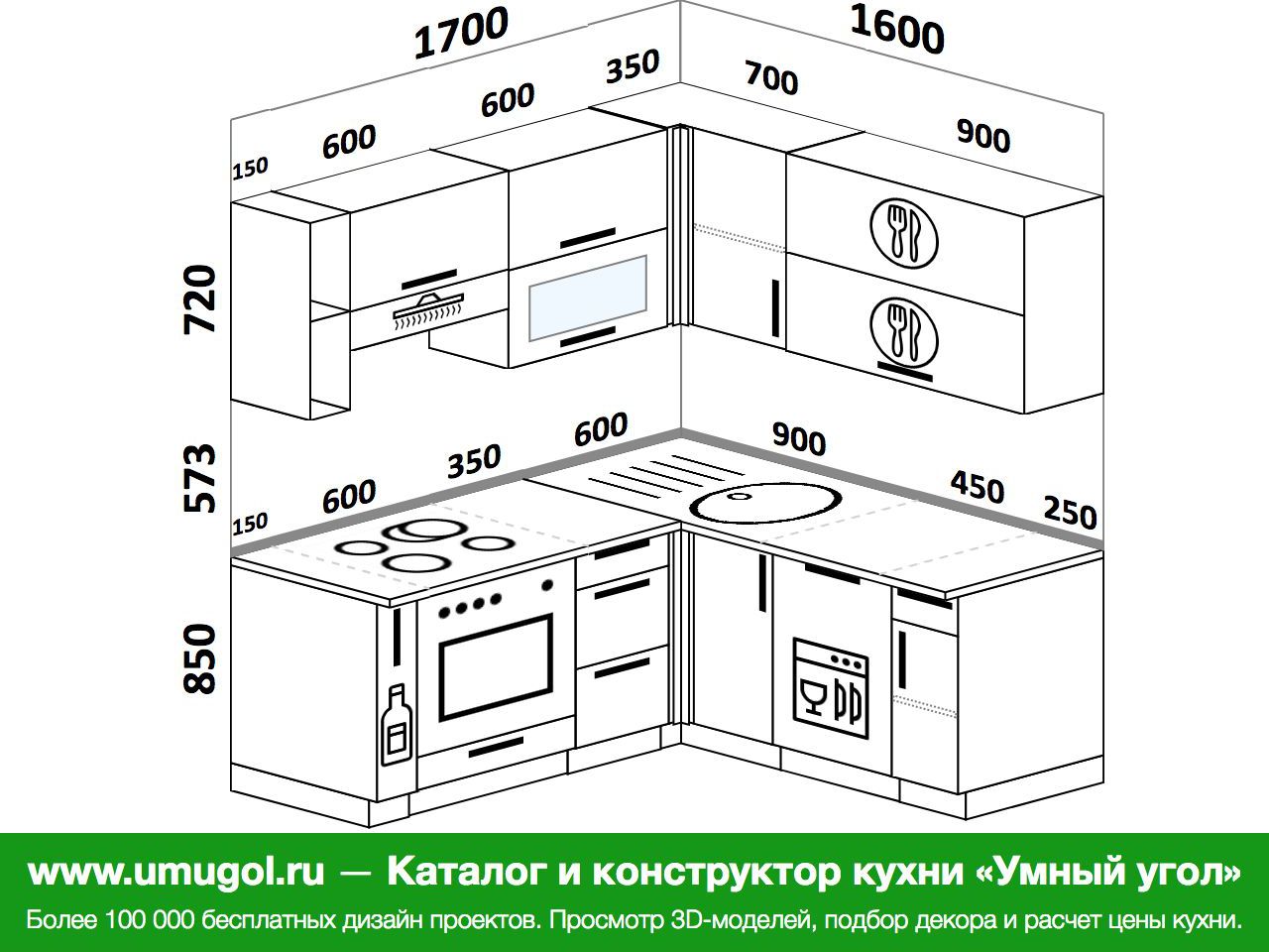 дизайн кухни 170 на 170