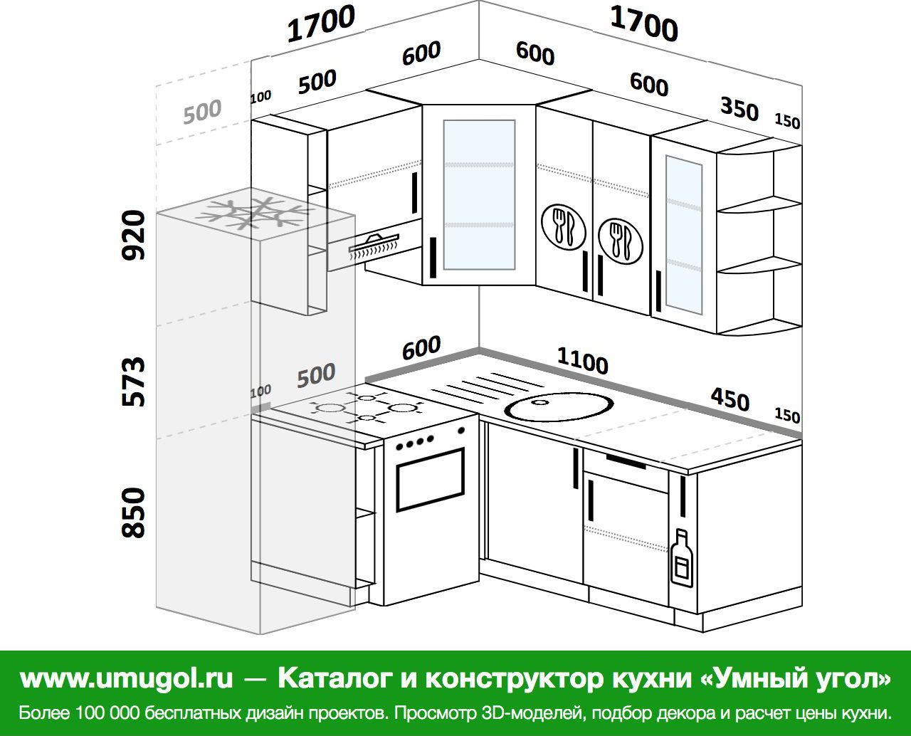 угловая кухня 1 на 2м