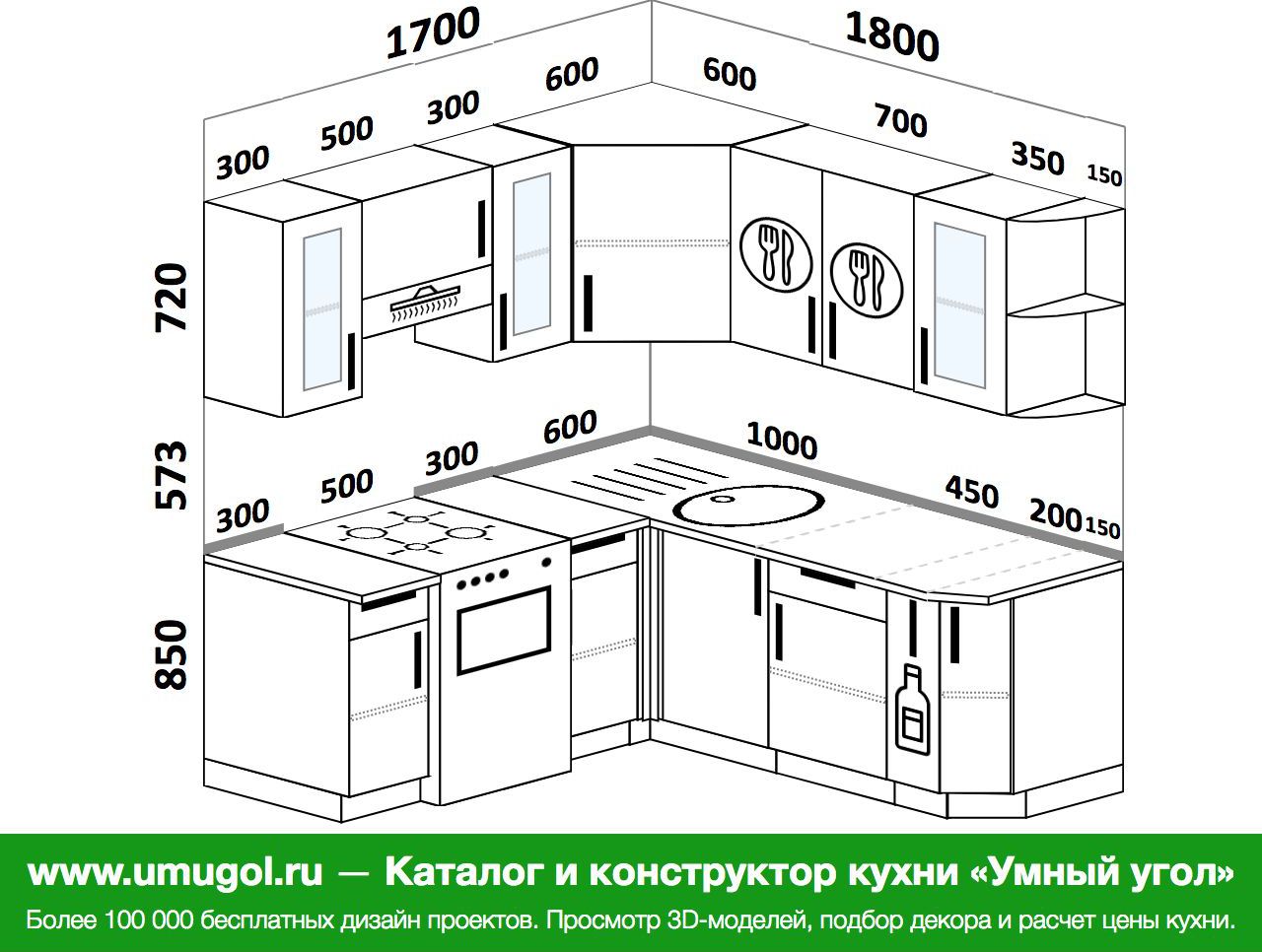 Угловая кухня размер 144 на 180 см