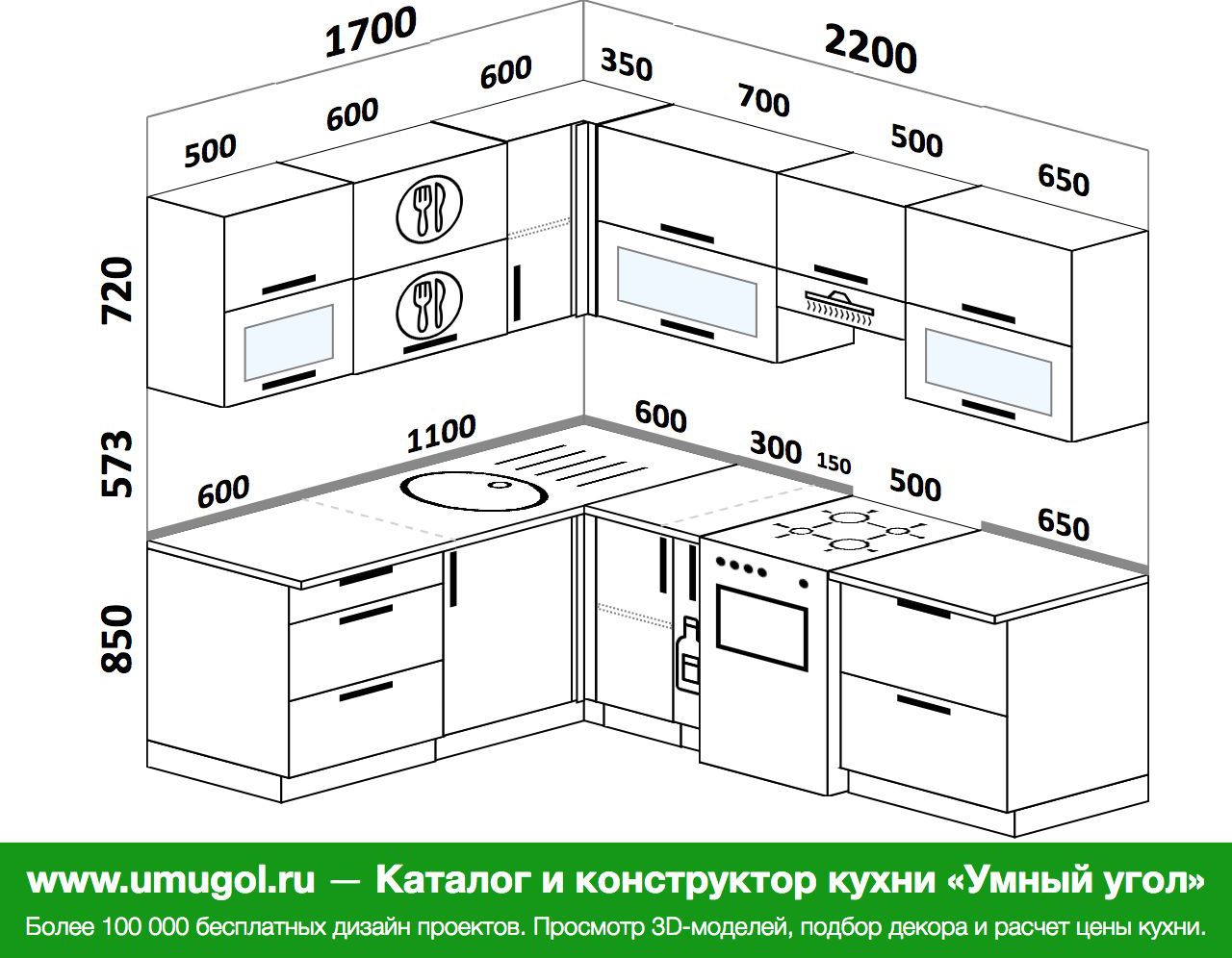 проект угловой кухни с размерами шкафов левый угол