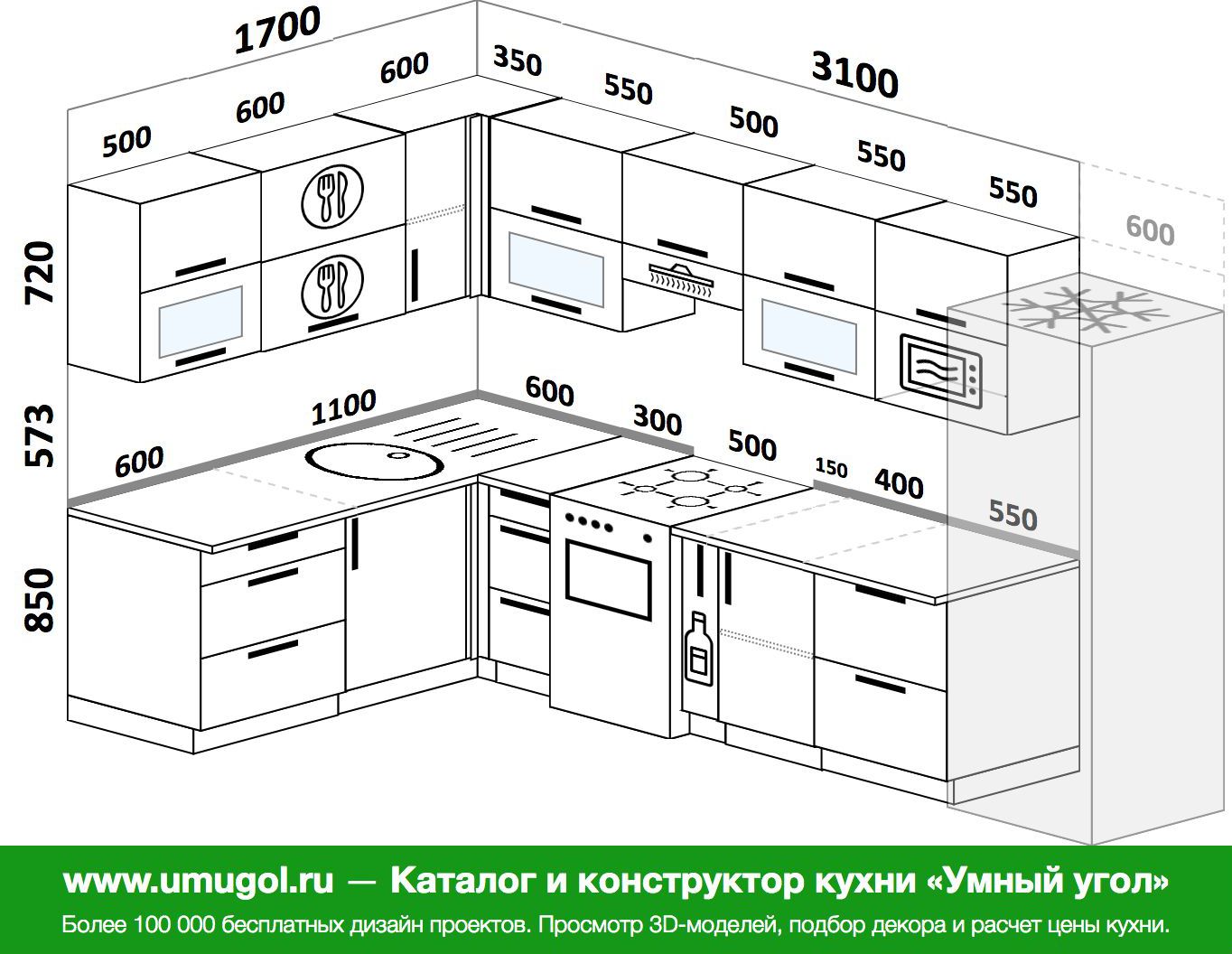 Схема сборки угловой кухни с прямым углом