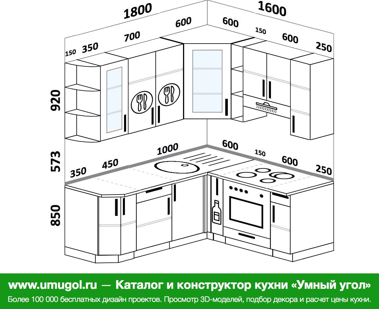 Проекты кухонь угловых с размерами фото готовые