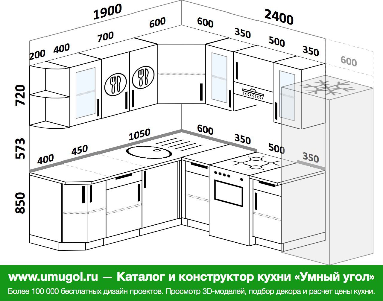 Проекты угловых кухонь с размерами и фото