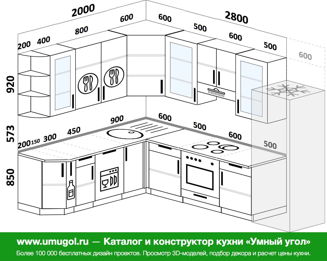 Чертеж кухни с размерами угловой с посудомойкой