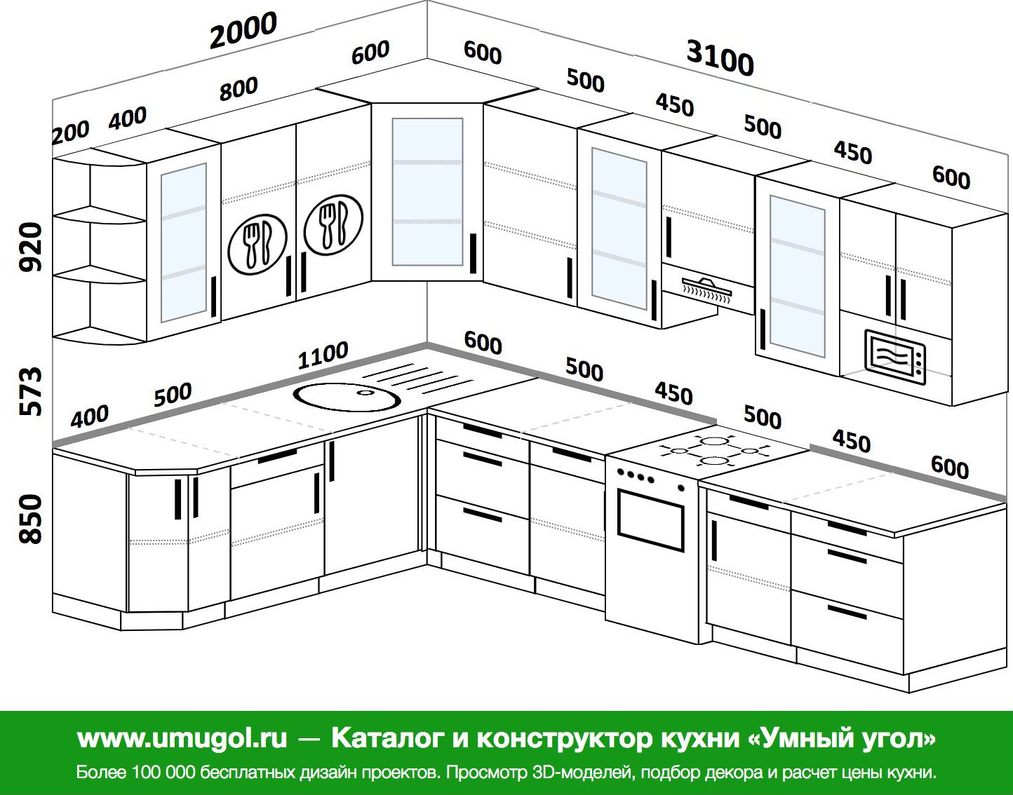 Планировка угловой кухни