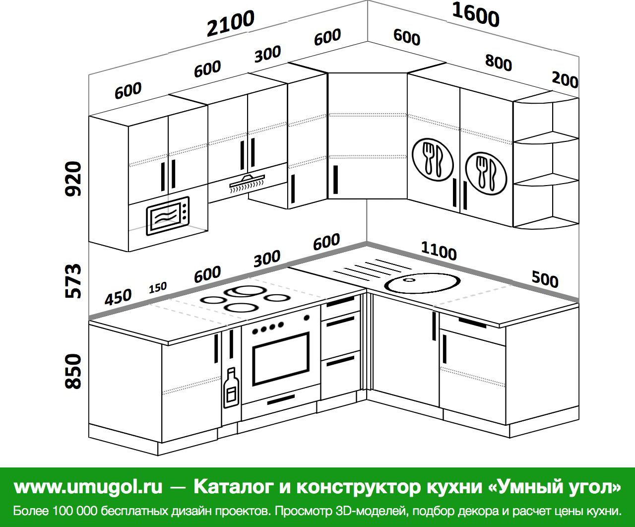 Проекты угловых кухонь с размерами и фото