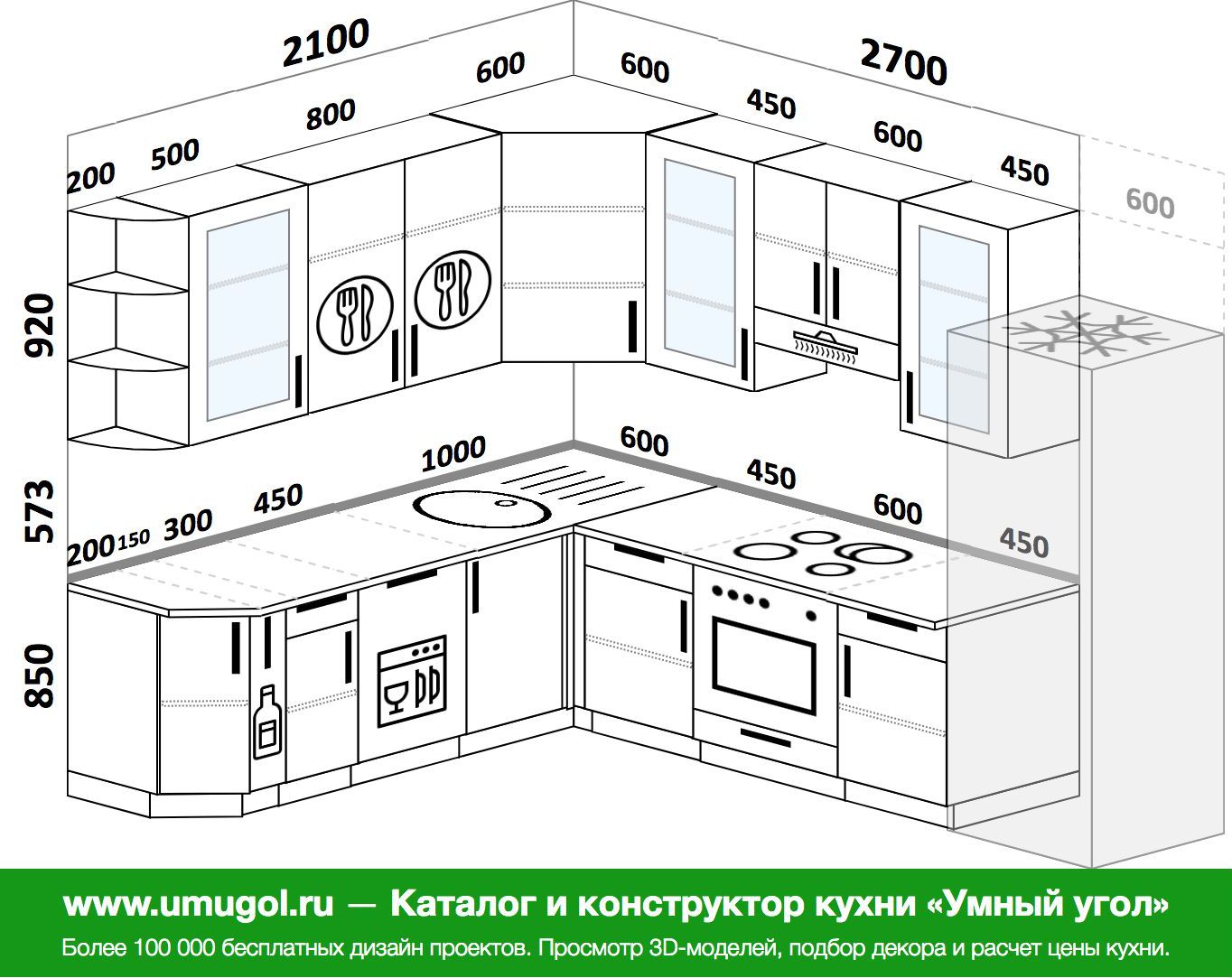 Планировка угловой кухни