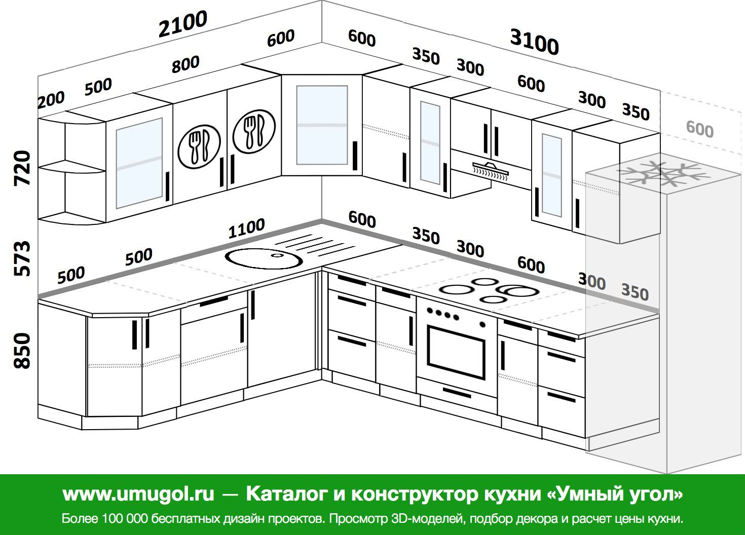 Проекты угловых кухонь с размерами и фото