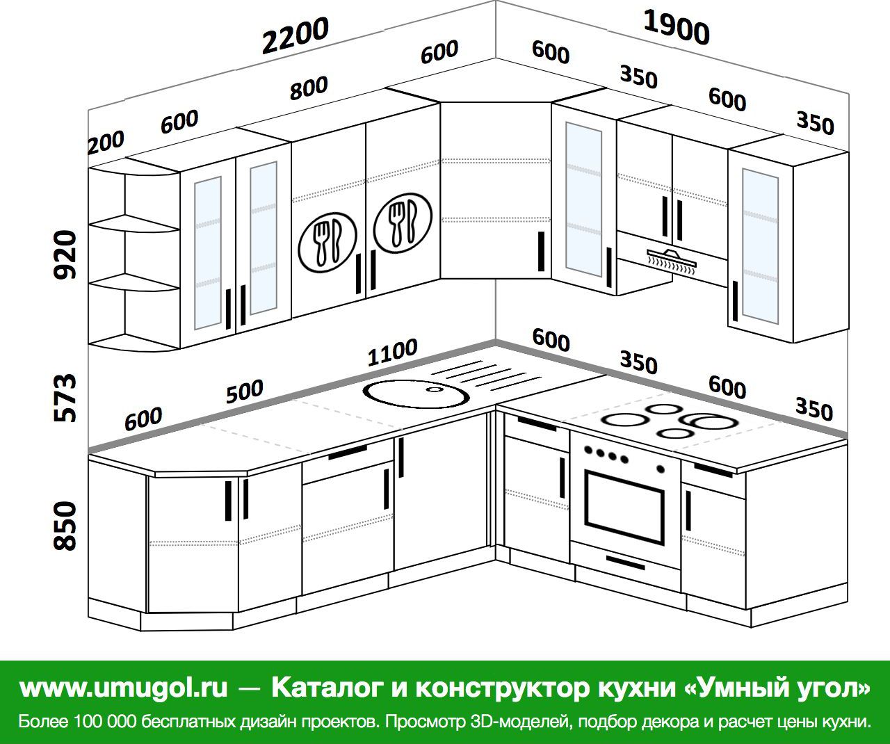 проект угловой кухни с размерами шкафов левый угол