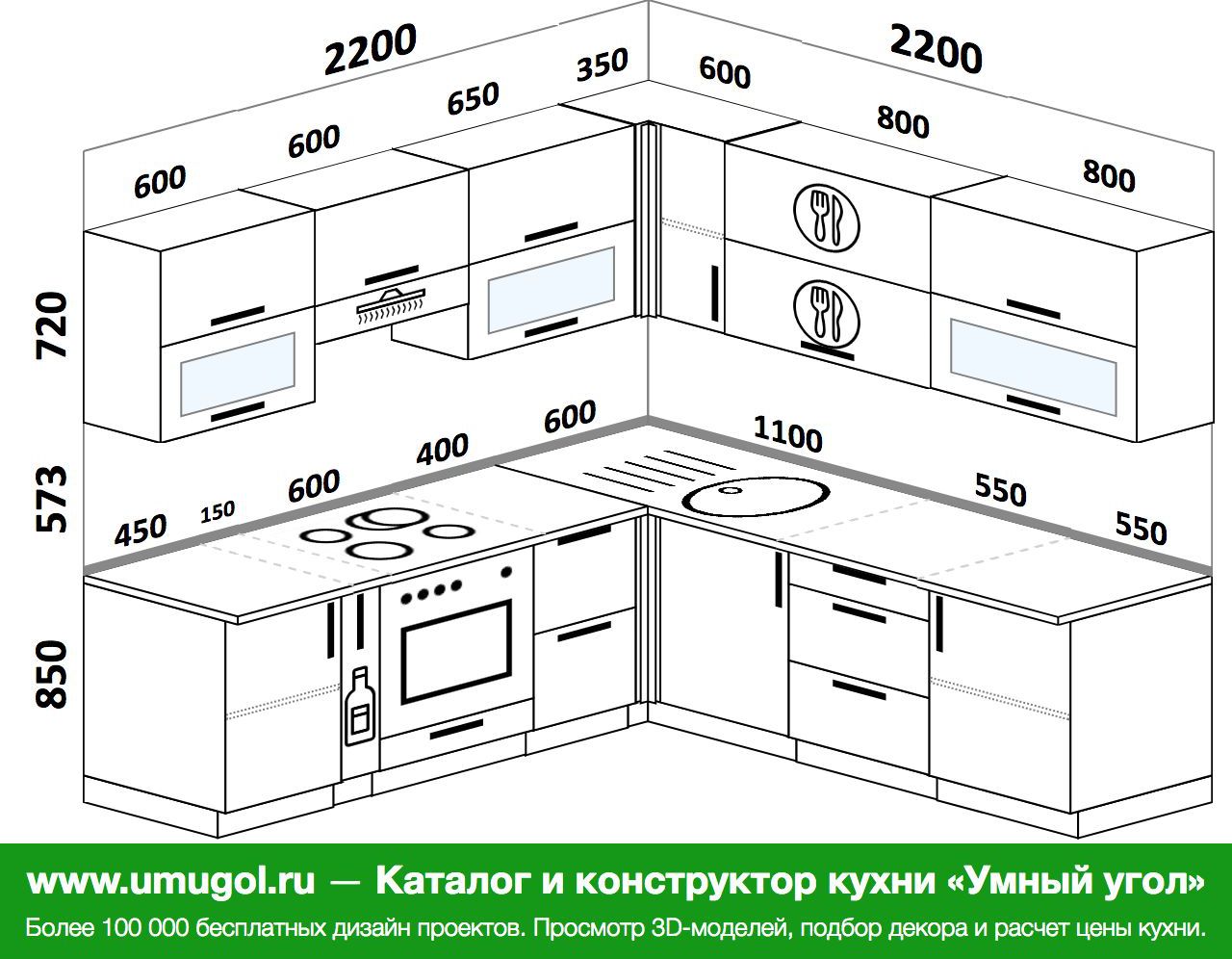 Проекты угловых кухонь 2550 на 1580