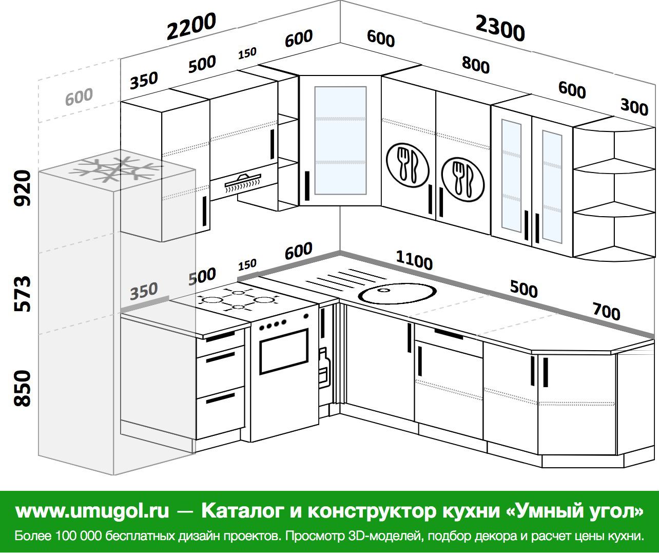 Проект кухни 220 см