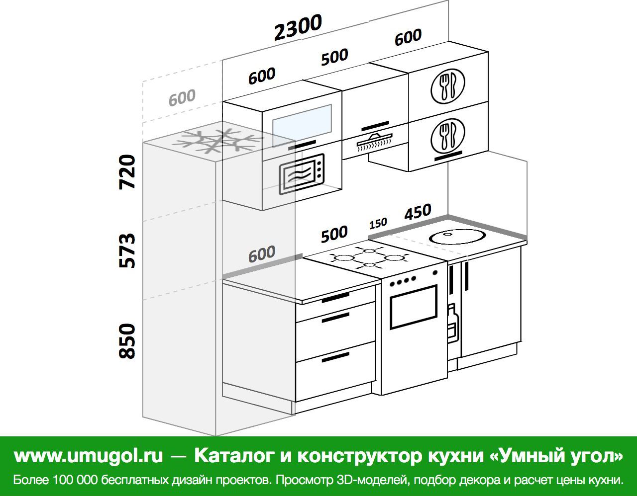 Планировка прямой кухни с холодильником