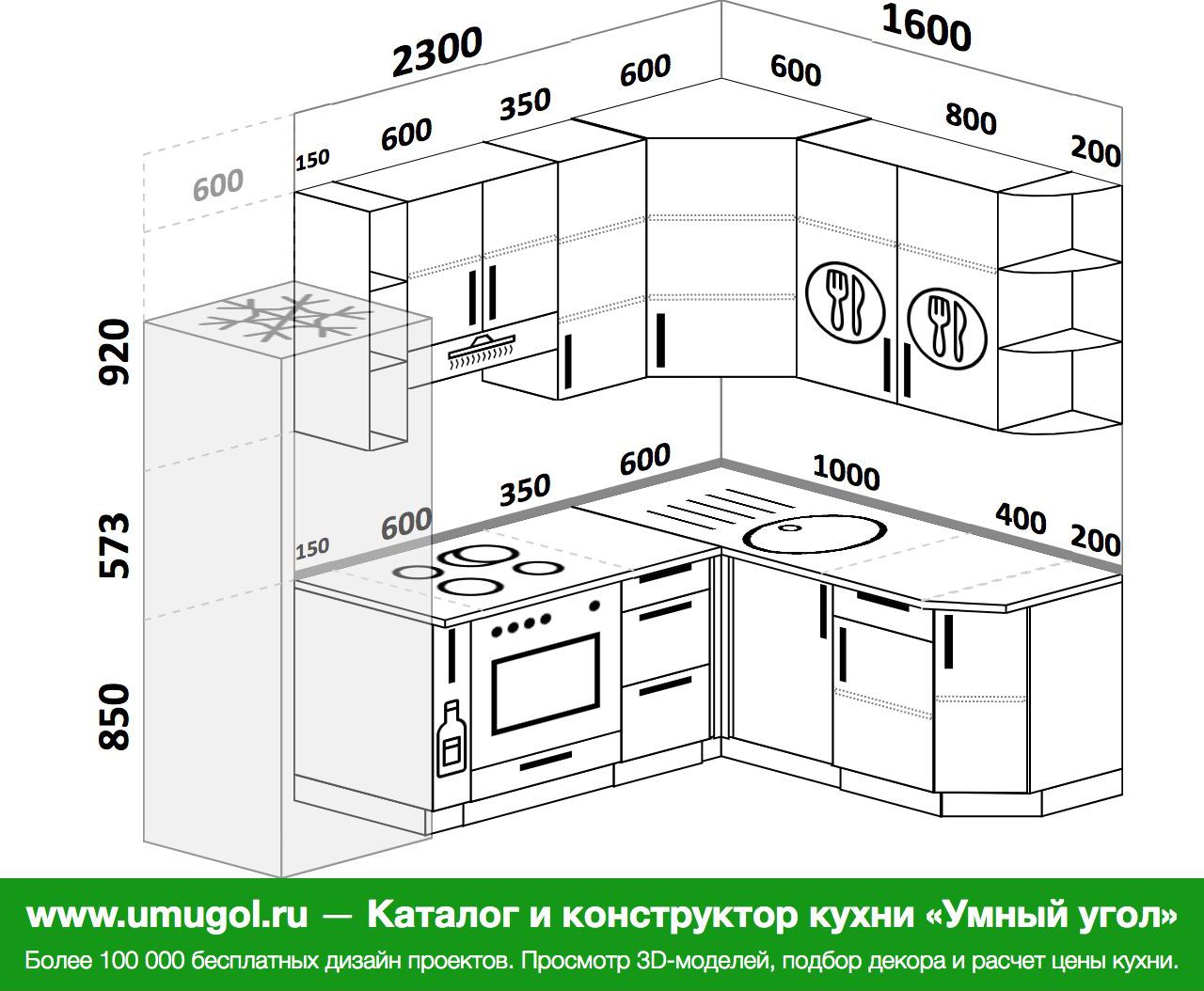 Проекты кухонь угловых с размерами фото готовые