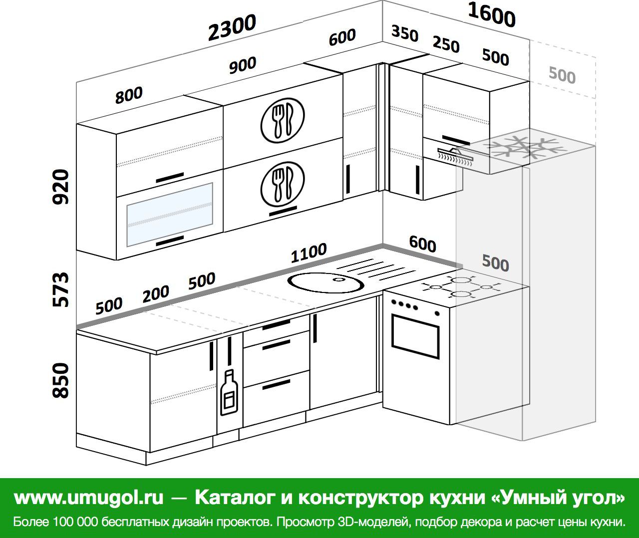 Проект угловой кухни с посудомоечной машиной