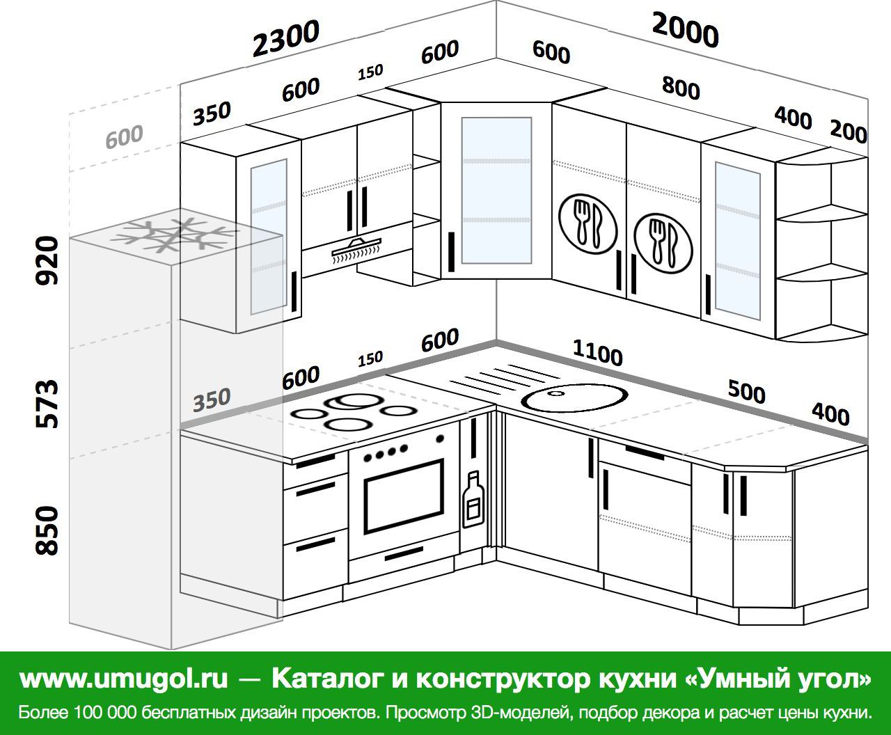 Планировка угловой кухни