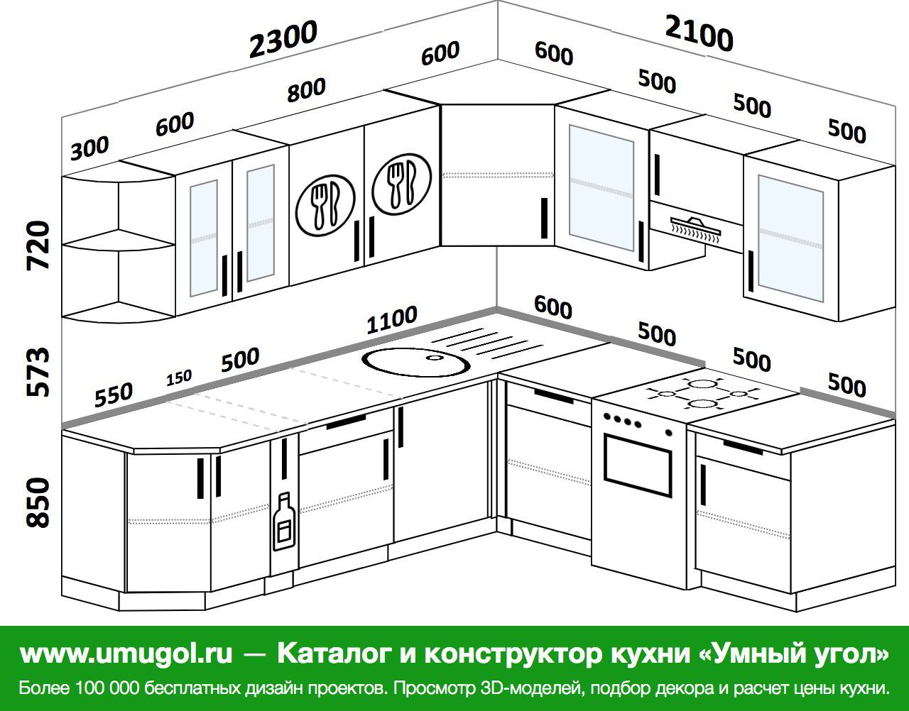 Расположение техники на угловой кухне