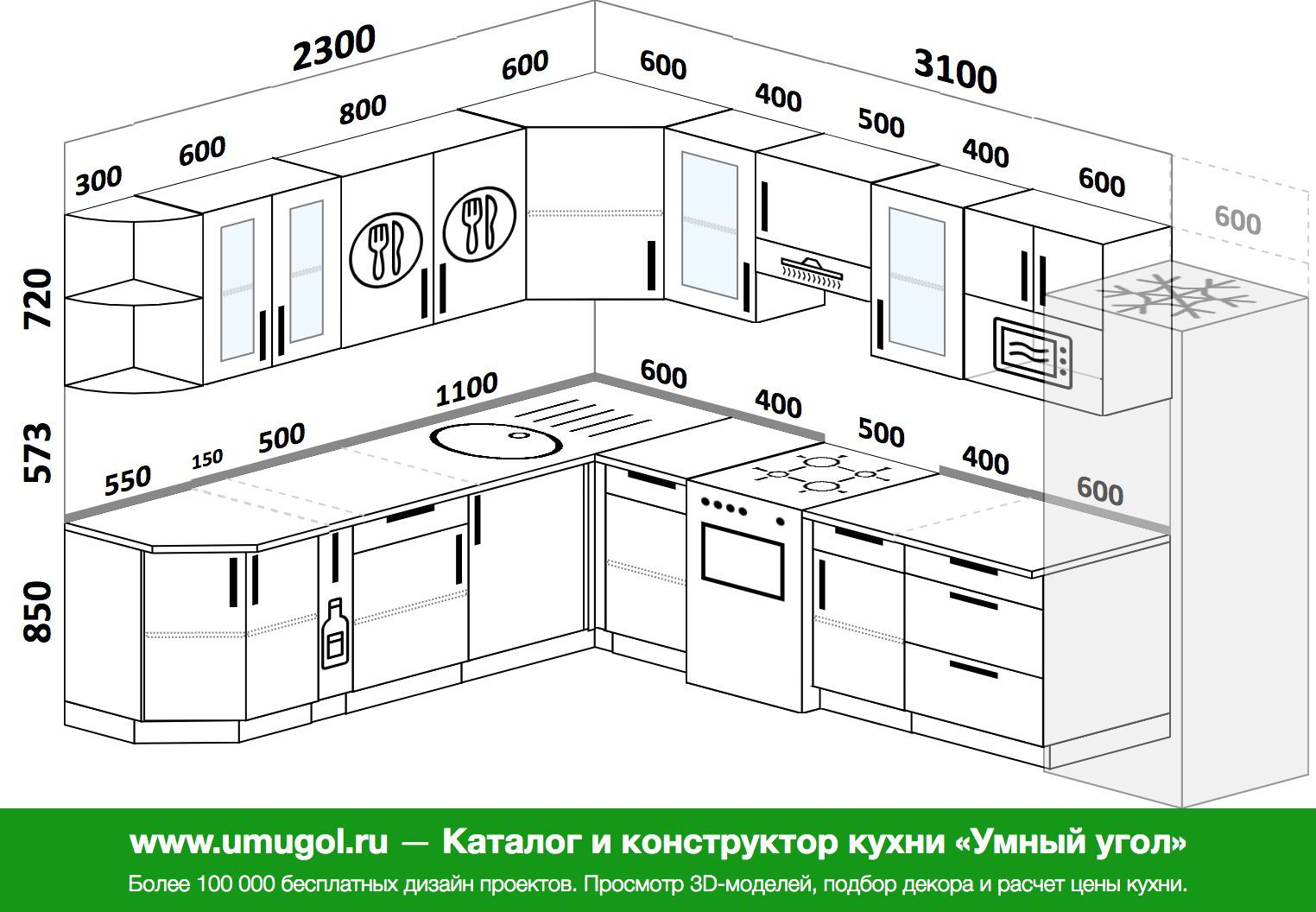 Планировка угловой кухни